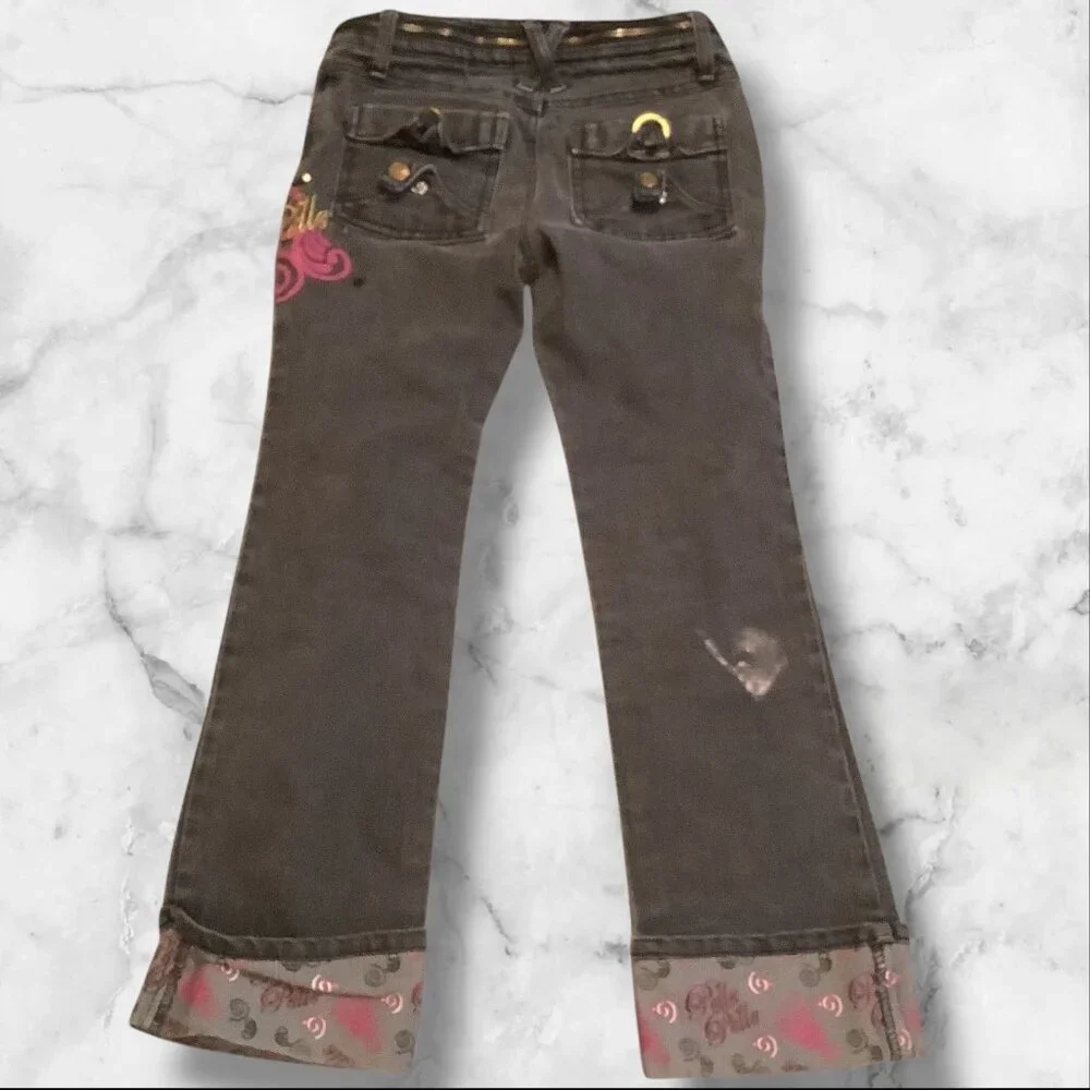 PellePelle Girls Size 6X Black Jeans With Belle Belle Design & Embroidered Cuffs